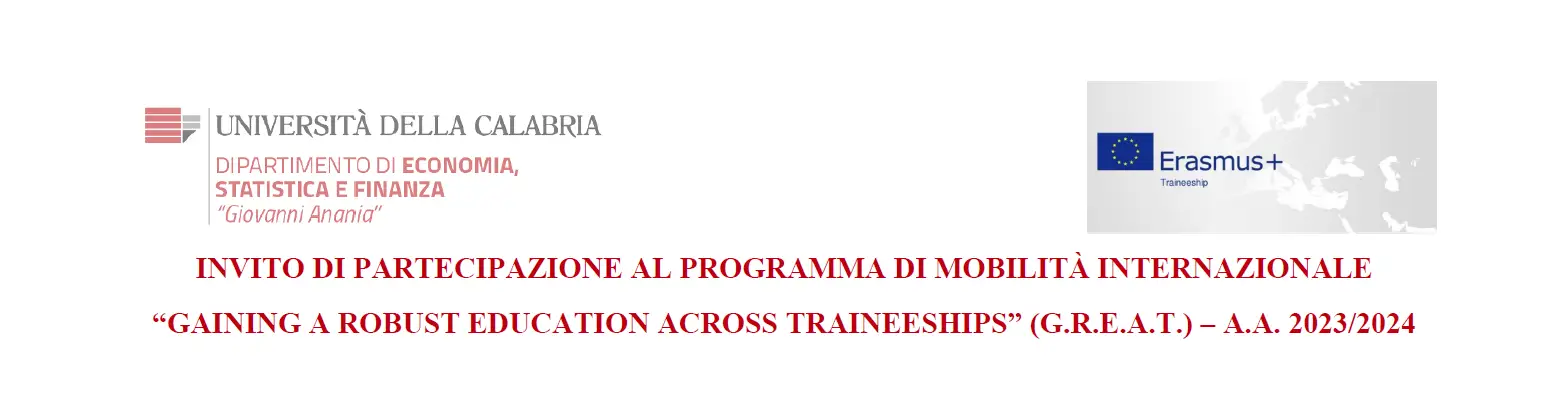 DESF - Bando “GAINING A ROBUST EDUCATION ACROSS TRAINEESHIPS” (G.R.E.A.T.) – A.A. 2023/2024 – International Mobility Program Erasmus+"